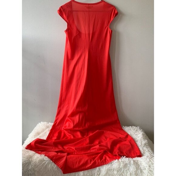 Neiman Marcus Womens Scoop Neck Short Cap Sleeve Long Maxi Nap Dress Red‎ Small - Picture 6 of 6